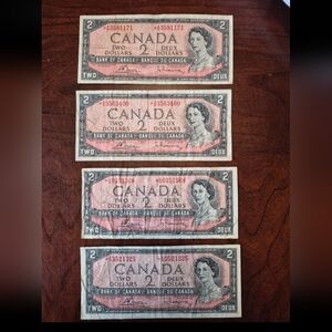 4 1954 Devils Face 2.00 Dollar Bills Circulated Ungraded Two Canadian Currency